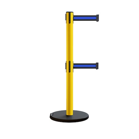 Montour Line Retractable Double Belt Rolling Stanchion, Red, 11 ft Length, 2.5 ft Post Height P400DRL-YW-BBH-110